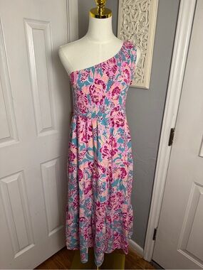 Anrabess Floral One Shoulder Maxi/Midi Dress Pink Blue Boho Resort L